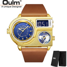 Load image into Gallery viewer, Oulm 5026 New Dual Display Two Time Zone Sport Watch Male Big Dial Quartz Clock Hours Men's Genuine Leather Strap Wristwatch