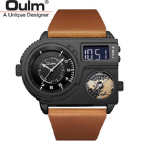 Load image into Gallery viewer, Oulm 5026 New Dual Display Two Time Zone Sport Watch Male Big Dial Quartz Clock Hours Men's Genuine Leather Strap Wristwatch