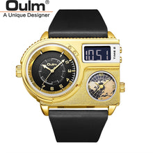 Load image into Gallery viewer, Oulm 5026 New Dual Display Two Time Zone Sport Watch Male Big Dial Quartz Clock Hours Men's Genuine Leather Strap Wristwatch