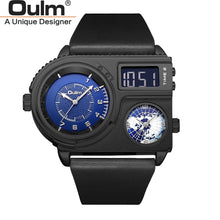 Load image into Gallery viewer, Oulm 5026 New Dual Display Two Time Zone Sport Watch Male Big Dial Quartz Clock Hours Men's Genuine Leather Strap Wristwatch