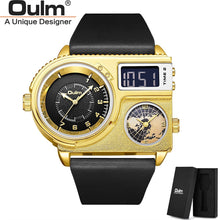 Load image into Gallery viewer, Oulm 5026 New Dual Display Two Time Zone Sport Watch Male Big Dial Quartz Clock Hours Men's Genuine Leather Strap Wristwatch
