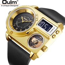 Load image into Gallery viewer, Oulm 5026 New Dual Display Two Time Zone Sport Watch Male Big Dial Quartz Clock Hours Men's Genuine Leather Strap Wristwatch